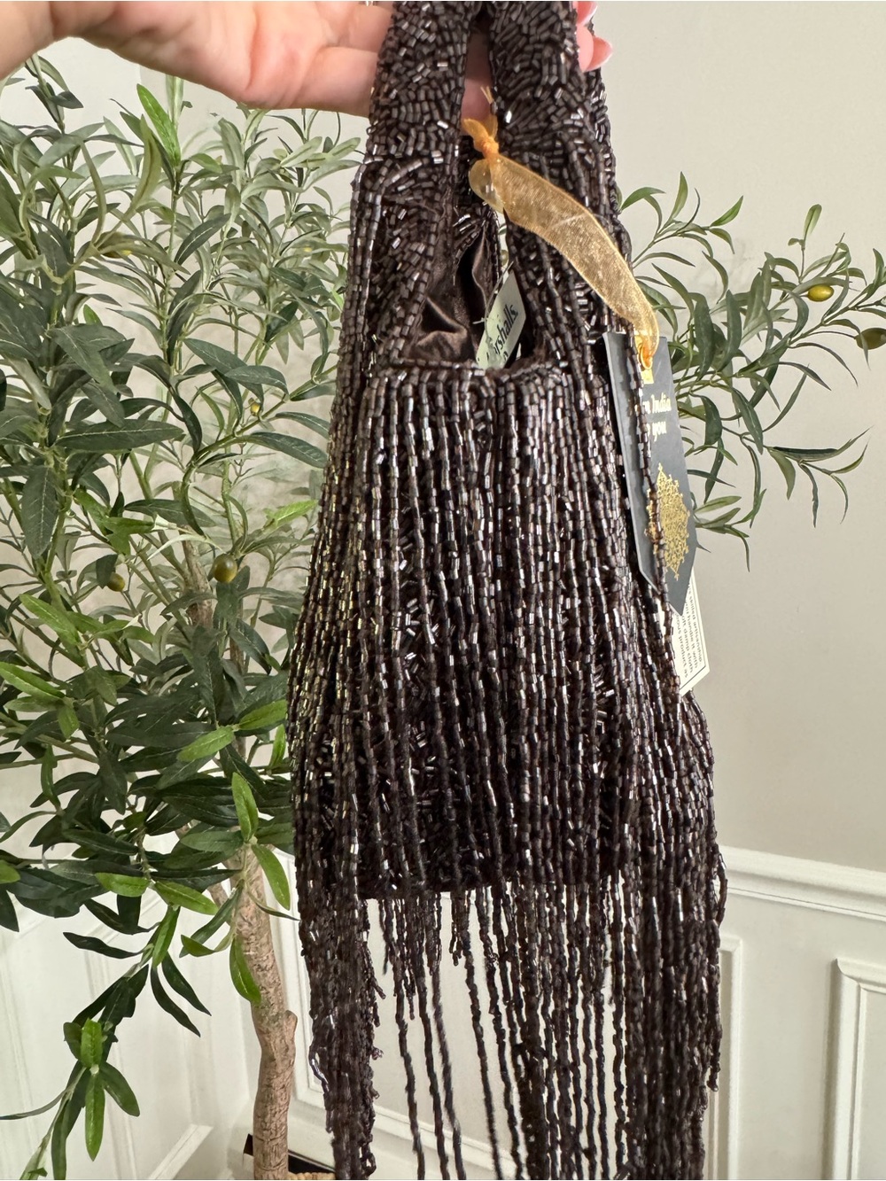 Made in India Brown Beaded Fringe Handbag Clutch - Picture 2 of 5